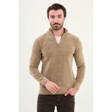 Desenli Slim Fit Fermuarlı Yarım Balıkçı Yaka Şönil Kumaş Erkek Triko Kazak - Bej