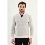 Desenli Slim Fit Fermuarlı Yarım Balıkçı Yaka Şönil Kumaş Erkek Triko Kazak - Ekru