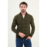 Desenli Slim Fit Fermuarlı Yarım Balıkçı Yaka Şönil Kumaş Erkek Triko Kazak - Haki - XL