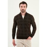Desenli Slim Fit Fermuarlı Yarım Balıkçı Yaka Şönil Kumaş Erkek Triko Kazak - Kahverengi - XL