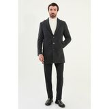 Desenli Slim Fit Geniş Yaka Kaşe Erkek Kaban - Siyah - 56