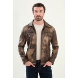 Desenli Slim Fit Gömlek Yaka Suni Deri Erkek Mont - Kahverengi - 52