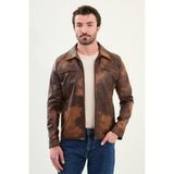 Desenli Slim Fit Gömlek Yaka Suni Deri Erkek Mont - Kamel - 54