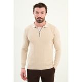 Desenli Slim Fit Polo Yaka Fermuarlı Yün Erkek Triko Kazak - Bej