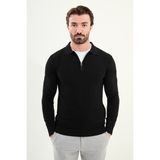 Desenli Slim Fit Polo Yaka Fermuarlı Yün Erkek Triko Kazak - Siyah