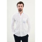 Desenli Slim Fit Uzun Kollu Keten Erkek Gömlek - Beyaz