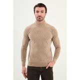 Desenli Slim Fit Yarım Balıkçı Yaka Şönil Kumaş Erkek Triko Kazak - Bej - 2XL