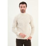 Desenli Slim Fit Yarım Balıkçı Yaka Şönil Kumaş Erkek Triko Kazak - Ekru - 2XL
