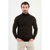Desenli Slim Fit Yarım Balıkçı Yaka Şönil Kumaş Erkek Triko Kazak - Kahverengi