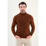Desenli Slim Fit Yarım Balıkçı Yaka Şönil Kumaş Erkek Triko Kazak - Kiremit