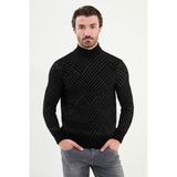 Desenli Slim Fit Yarım Balıkçı Yaka Şönil Kumaş Erkek Triko Kazak - Siyah