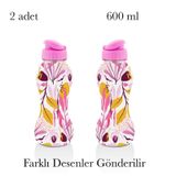Desenli Su Şişesi 600 ml, Kapaklı, 2'li Set matara Spor Okul