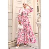 Desenli Tesettür Elbise - 00406 Pembe - 40 - 42