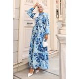 Desenli Tesettür Elbise - Saks Mavisi - 36 - 38