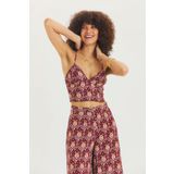Desenli V Yaka Askılı Crop Top Mor