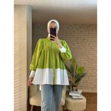 Deseo Boutique Kadın Iki Renkli Alt Kısmı Pile Detaylı Tarz Uzun Kollu Çana Gelen Model Manşetli Gömlek - Yeşil