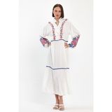 Deseo Boutique Kadın Kaneviçe Işleme Detaylı Nakışlı Uzun Kollu Uzun Boy Tesettür Elbise - 001-Beyaz - 44