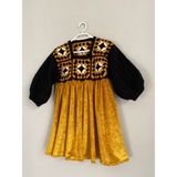 Deseo Boutique Kız Bebek Çocuk El Örgüsü ve Kumaş Ile Tasarlanmış El Emeği Elbise - 3 - 4 Yaş - Hardal - Siyah