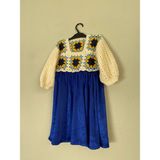 Deseo Boutique Kız Bebek Çocuk El Örgüsü ve Kumaş Ile Tasarlanmış El Emeği Elbise - 3 - 4 Yaş - Krem - Mavi