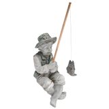 Design Toscano Frederic Avignon Boy Balıkçı Bahçe Heykeli, 38 cm, Poliresin, İki Tonlu Taş