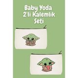 designedfy Baby Yoda 2'li Makyaj Çantası Avantaj Seti, Kalemlik, Cüzdan, Bez Çanta