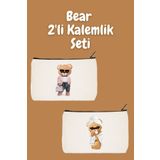 designedfy Bear 2'li Makyaj Çantası Avantaj Seti, Kalemlik, Cüzdan, Bez Çanta