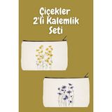 designedfy Çiçekler 2'li Makyaj Çantası Avantaj Seti, Kalemlik, Cüzdan, Bez Çanta