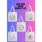 designedfy Çiçekler Çocuk Boyama Bez Çanta 5'li Set, Ham Bez Çanta, Boyama Çantası