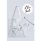 designedfy Faces Line Su Geçirmez Bez Çanta ve Kalemlik 2'li Avantaj Seti