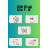 designedfy Hayvanlar Kalemlik Boyama Çantası 5'li Set, Makyaj Çantası