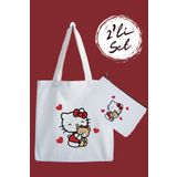 designedfy Hello Kitty 4 Su Geçirmez Bez Çanta ve Kalemlik 2'li Avantaj Seti