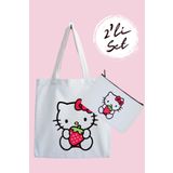 designedfy Hello Kitty Çilek Su Geçirmez Bez Çanta ve Kalemlik 2'li Avantaj Seti