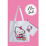 designedfy Hello Kitty Milkshake Su Geçirmez Bez Çanta ve Kalemlik 2'li Avantaj Seti