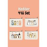 designedfy Kampanyalı Kediler Baskılı 4'lü Makyaj Çantası, Kalemlik, Cüzdan