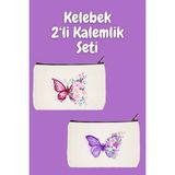designedfy Kelebek 2'li Makyaj Çantası Avantaj Seti, Kalemlik, Cüzdan, Bez Çanta