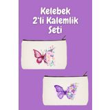 designedfy Kelebek 2'li Makyaj Çantası Avantaj Seti, Kalemlik, Cüzdan, Bez Çanta