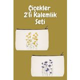 designedfy Sarı ve Mor Çiçekler 2'li Makyaj Çantası Avantaj Seti, Kalemlik, Cüzdan, Bez Çanta