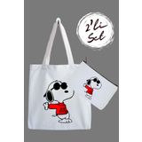 designedfy Snoopy Baskılı Bez Çanta ve Kalemlik 2'li Avantaj Seti