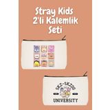 designedfy Stray Kids 2'li Makyaj Çantası Avantaj Seti, Kalemlik, Cüzdan, Bez Çanta