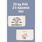 designedfy Stray Kids Skzoo 2'li Makyaj Çantası Avantaj Seti, Kalemlik, Cüzdan, Bez Çanta