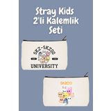 designedfy Stray Kids Skzoo 2'li Makyaj Çantası Avantaj Seti, Kalemlik, Cüzdan, Bez Çanta