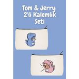 designedfy Tom Ve Jerry 2'li Makyaj Çantası Avantaj Seti, Kalemlik, Cüzdan, Bez Çanta
