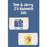 designedfy Tom Ve Jerry Çift 2'li Makyaj Çantası Avantaj Seti, Kalemlik, Cüzdan, Bez Çanta
