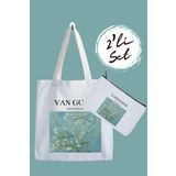 designedfy Van Gogh Almond Blossom Baskılı Bez Çanta ve Kalemlik Seti