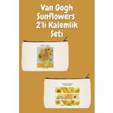 designedfy Van Gogh Sunflowers 2'li Makyaj Çantası Avantaj Seti, Kalemlik, Cüzdan, Bez Çanta