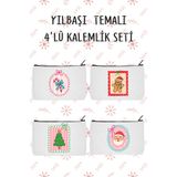 designedfy Yılbaşı 2 Temalı 4'lü Set Makyaj Çantası, Kalemlik Seti