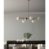 Designer Altılı Sıralı Avize, Eskitme Gold, Beyaz Camlı