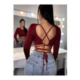 DESING HS KADIN BORDO ARKASI ASİMETRİK KESİM BİYELİ BELE BAĞLAMALI BLUZ LYC