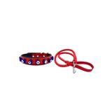 Desingshop Kırmızı Deri Örgü Köpek Gezdirme 90CM ve Hakiki Deri Nazar Boncuklu Köpek Tasması 56X2,5CM 2li Set