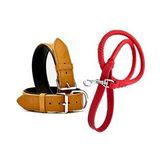 DESİNGSHOP Kırmızı Deri Örgü Köpek Gezdirme Kayışı 90cm Ve Kahverengi Deri Köpek Tasması 2,5x56 Cm 2li Set